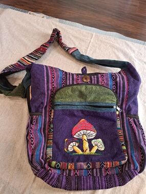 Boho Hippie Embroidered MUSHROOMs 100% Cotton CROSSBODY Bag Nepal